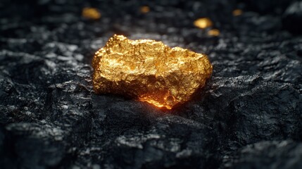 Gold nugget on dark rock, mining, wealth, glow
