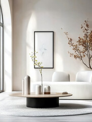 Japandi and  minimalist living room with white sofa and art frame
