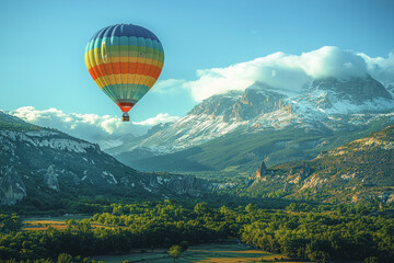 Fototapeta premium Hot air balloon over scenic mountain valley at sunrise