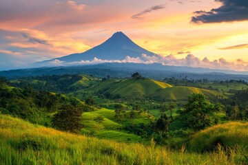 Fototapeta premium Breathtaking sunset mountain landscape with lush meadows and vibrant green trees under dramatic sky