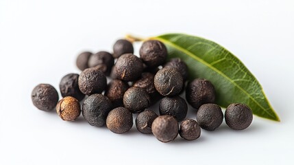 Obraz premium Dark peppercorns with bay leaf on white background