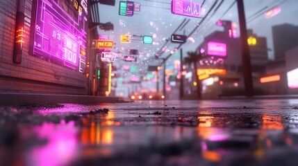 Obraz premium Cyberpunk city street, rain, neon signs, car, night