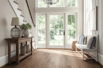 Fototapeta premium Charming modern farmhouse entryway with natural light, rustic decor, and elegant accents