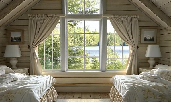 Serene lake view bedroom with twin beds, wooden walls, and large windows.