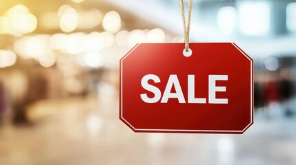 A vibrant red sale tag hangs prominently, signaling a discount in a blurred retail environment, perfect for attracting shoppers' attention.