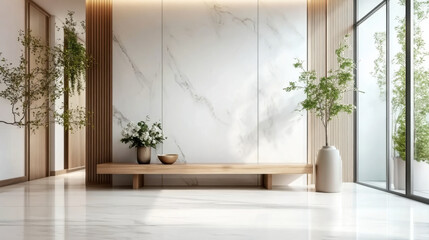 Wooden bench near marble stone wall and wood  Minimalist home interior design of modern entrance hall with big window