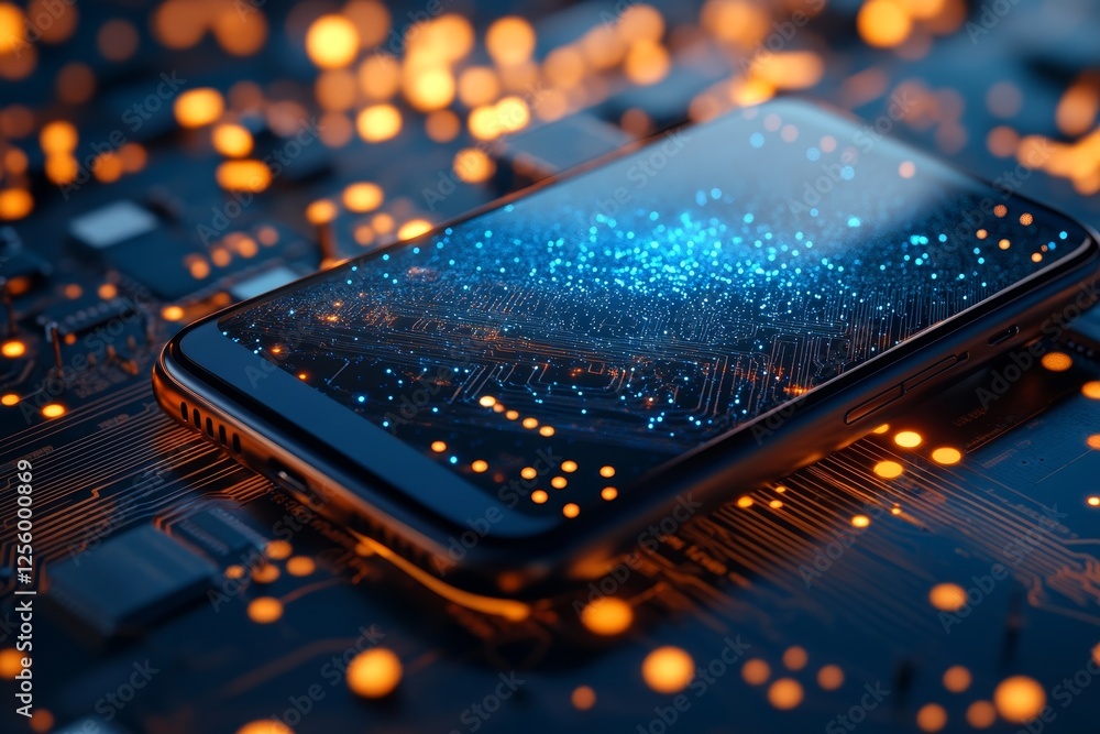 Poster close up of a sleek smartphone on a glowing circuit board showcasing advanced technology design