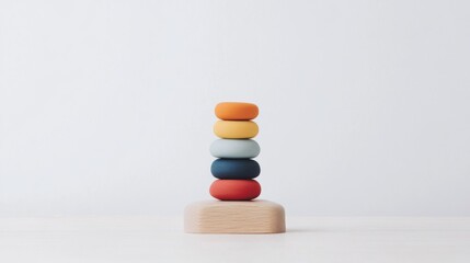 Colorful stacking stones on wooden base, minimalist background, toy, education