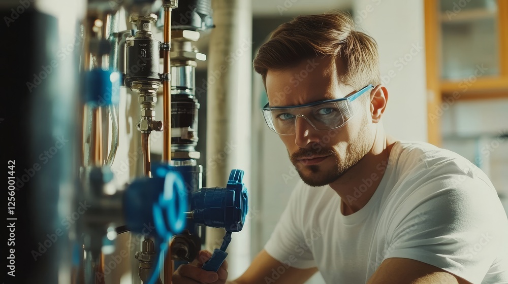 Poster handsome plumber in action fixing pipes and gas boiler system with precision and skill