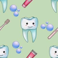 Seamless Pattern Mint Kawaii Tooth and Toothpaste with Toothbrush and Bubbles Big Design on Pastel Green Background