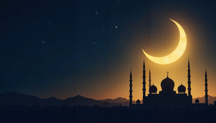 Eid al-Fitr celebration with glowing crescent and mosque silhouette, peace