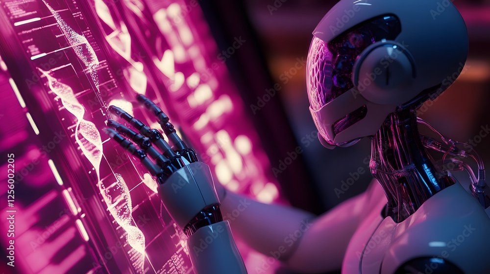 Poster Futuristic Robot Interacting with Digital Touchscreen Interface
