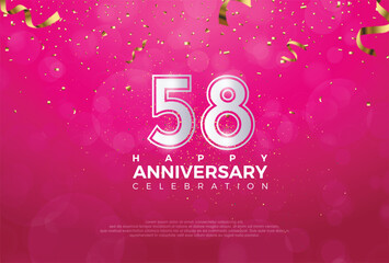 58th Anniversary celebration, 58 Anniversary celebration, Realistic 3d sign, stars, Pink background, festive illustration, Silver number 58 sparkling confetti, 58,59