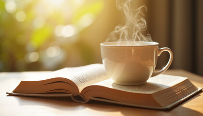 Steaming tea cup on a book in soft morning light, cozy reading moment