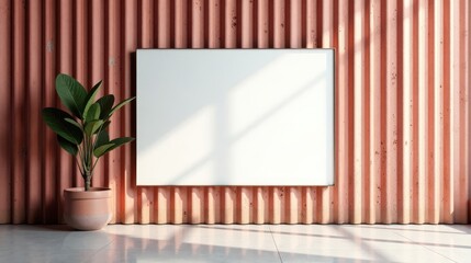 A blank canvas on a textured wall with a potted plant in a minimalist interior setting