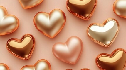 Valentine's Day. Array of metallic gold and rose - gold hearts on a soft pink background, ideal for love - themed designs and wallpapers.