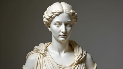 Obraz premium A classical marble statue bust of Juno, the Roman queen of the gods. Her serene yet powerful expression, intricate braided hair, and dignified posture embody wisdom, authority, and divine femininity.
