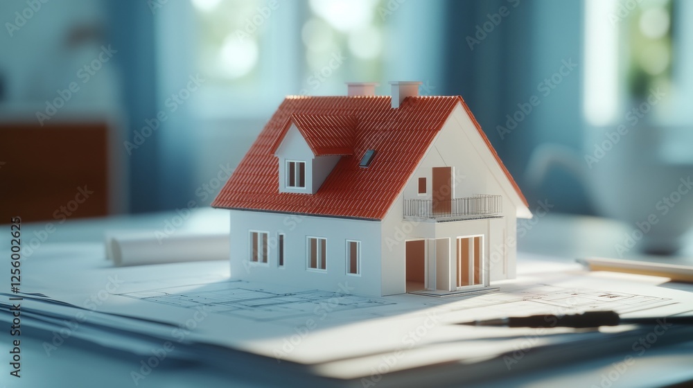 Poster detailed blueprints of a house with tools and model on construction paper, captured in macro style