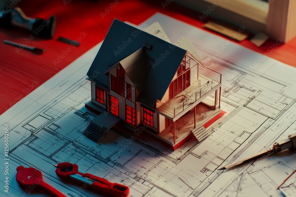 Poster miniature house model on blueprints with architectural tools in red and white color palette