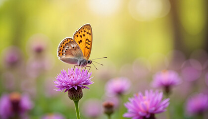 Obraz premium Delicate butterfly resting on bright purple wildflower, spring tranquility