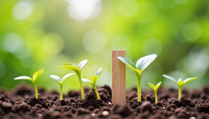 Fresh seedlings growing with wooden garden markers, spring gardening