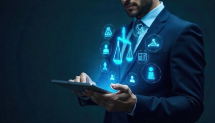 Business professional in a suit using a tablet with digital legal icons in a dark background