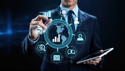 Businessman interacting with digital interface displaying global data analytics and communication icons