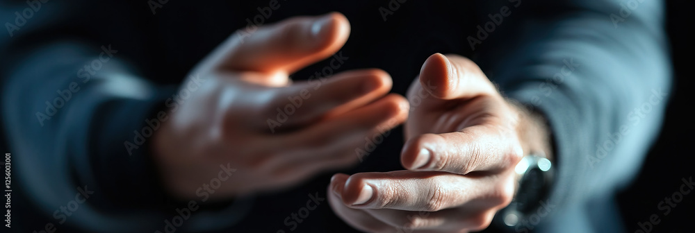 Poster close-up of two hands gesturing in low-light setting