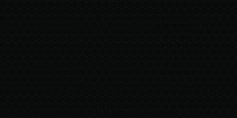 Dark grey abstract wide horizontal banner with hexagon carbon fiber grid and orange luminous lines. Technology vector background with orange neon lines