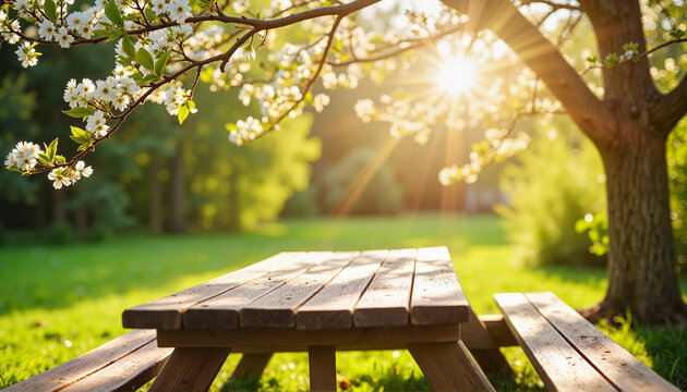 Rustic wooden picnic table under blooming tree, serene outdoor setting