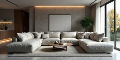 Fototapeta premium Modern minimalist living room interior design featuring a large sectional sofa, a wooden coffee table, and a large framed canvas on a textured wall, offering a tranquil and stylish atmosphere.