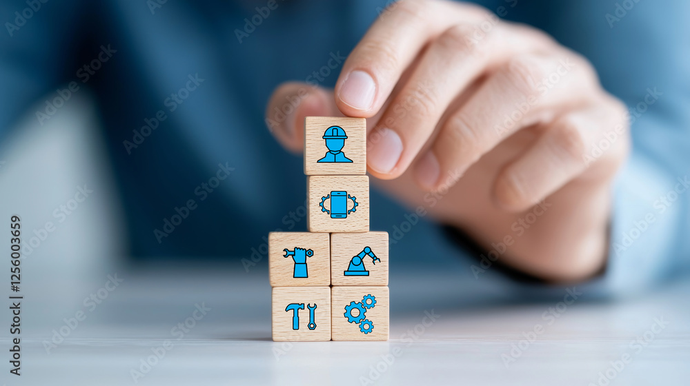 Poster building tower of wooden blocks with icons representing engineering and tools, symbolizing construct