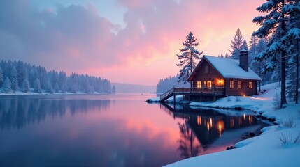 Fototapeta premium Serene Winter Lakeside Cabin at Sunset, Reflecting in Still Waters, Snow Covered Pines
