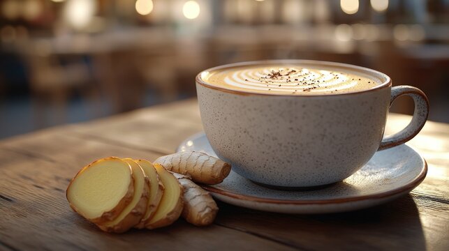 Golden hour ginger latte cafe table