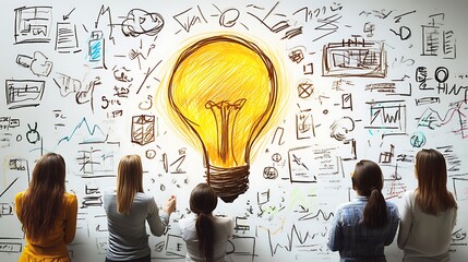 Team brainstorming ideas around a large lightbulb sketch on a whiteboard.