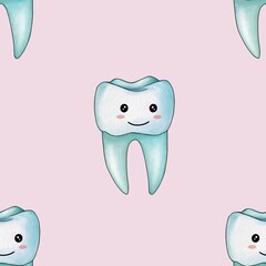 Seamless Pattern Mint Kawaii Tooth Big Design on Pastel Pink Background