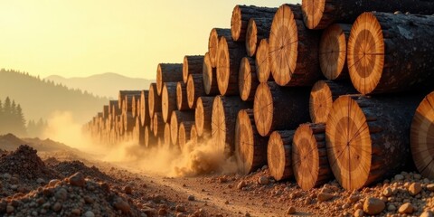 Golden Hour Lumber Transport  Dust Trails a Massive Pile of Logs Across a Rural Road at Sunset