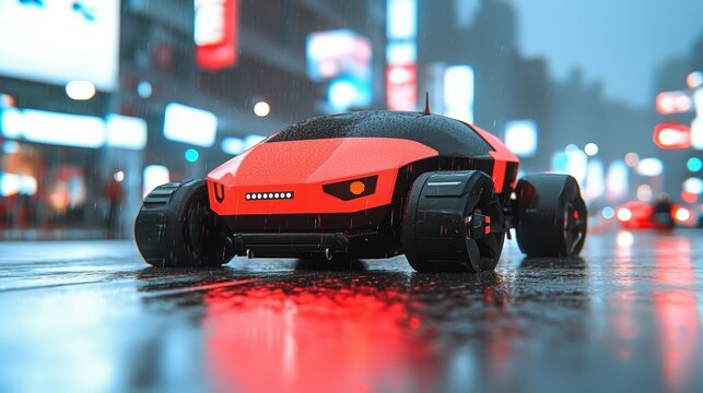 Sleek, futuristic red vehicle on a rainy city street. The vehicle's design is modern and bold, contrasting with the blurred city lights in the background.