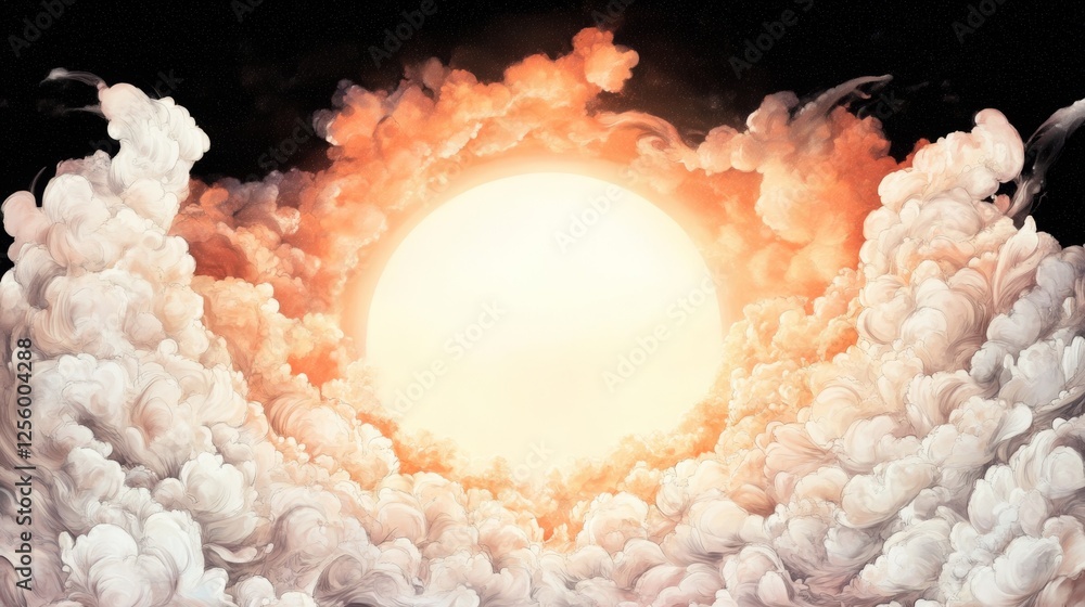 Wall mural Surreal artwork depicting a radiant sun encircled by ethereal clouds, creating a dreamy, celestial scene.