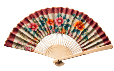 A small hand fan with a floral print and wooden handles, isolated on a empty plain background