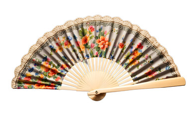 A small hand fan with a floral print and wooden handles, isolated on a empty plain background