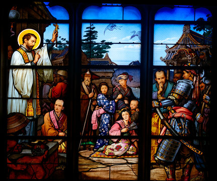 Stained glass (19th century) of Saint Francis Xavier or Fran&ccedil;ois Xavier, on mission in China. Saint of the Roman Catholic Church and one of the co-founders of the Society of Jesus.