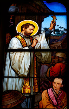 Stained glass (19th century) of Saint Francis Xavier or Fran&ccedil;ois Xavier, on mission in China. Saint of the Roman Catholic Church and one of the co-founders of the Society of Jesus.
