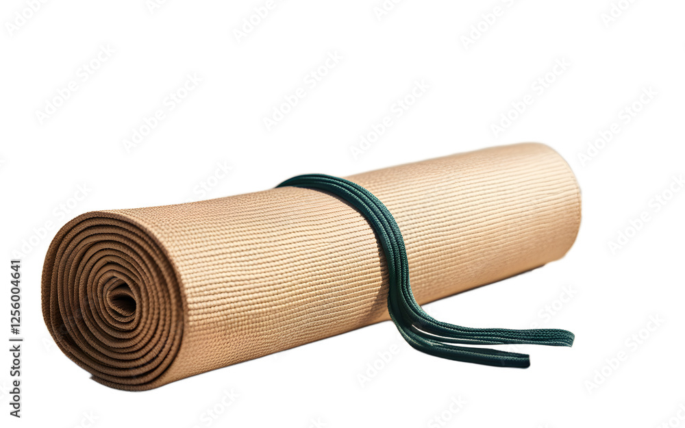 Poster a stylish beach mat rolled up and tied with a strap, isolated on a empty plain background