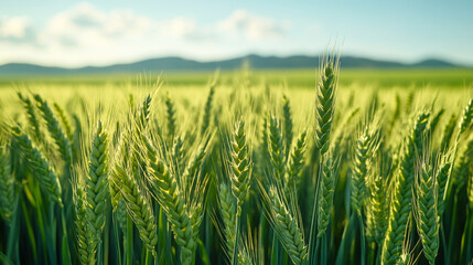 Obraz premium Fields of grain. At this time of the year, the grain is still immature and therefore has a beautiful green colour.