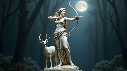 Elegant statue of Artemis, goddess of the hunt, aiming her bow under the moonlight, accompanied by a stag. A stunning representation of Greek mythology, nature, and divine femininity.