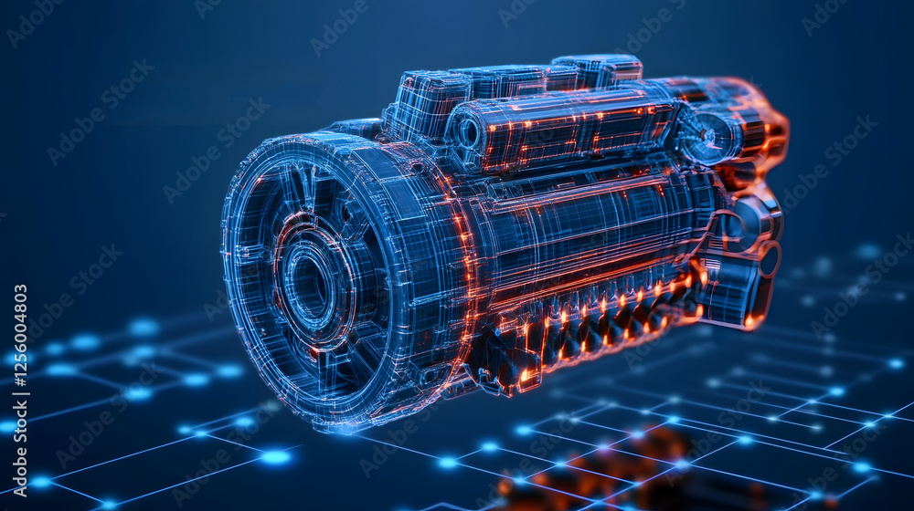 Poster a digital blueprint of a high-performance engine with glowing lubrication pathways representing the