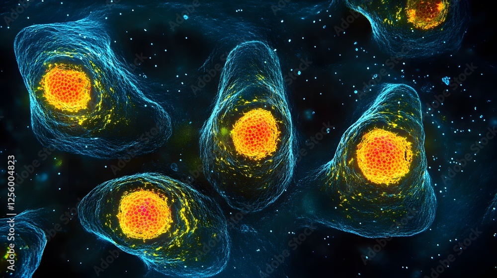 Aufkleber Colorful Microscopic View of Cells with Distinct Nuclei and Structures