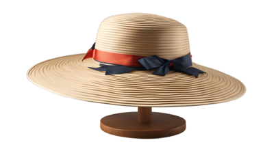 A sun hat with a wide brim and a decorative ribbon, isolated on a empty plain background