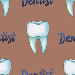 Seamless Pattern Mint Tooth and Text Dentist Big Design on Mocha Mousse Background